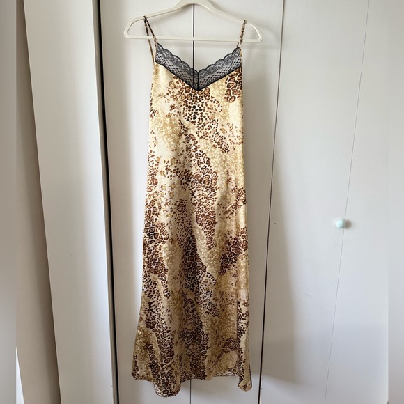 Vintage Other - Vintage Leopard Print Maxi Slip Dress or Chemise with Black Lace Trim Size XL
